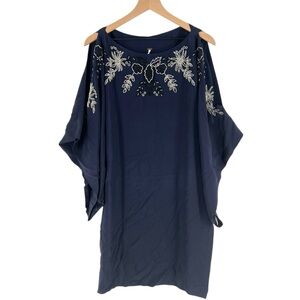 Free People‎ Navy Blue Floral Beaded Embroidered Chiffon Dolman Sleeve Dress M